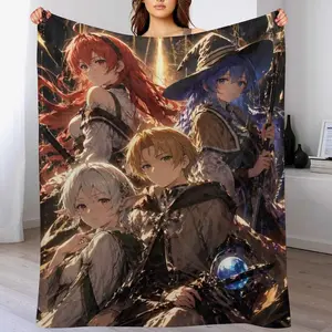 Mushoku Tensei Main Party Flannel Throw Blanket, Fantasy Mage & Elf Print Fleece Blanket, Cozy Warm Blanket for Anime Fans Bedroom Couch Suitable as a gift sizes 60*80,30*40 ,40*50 50*60