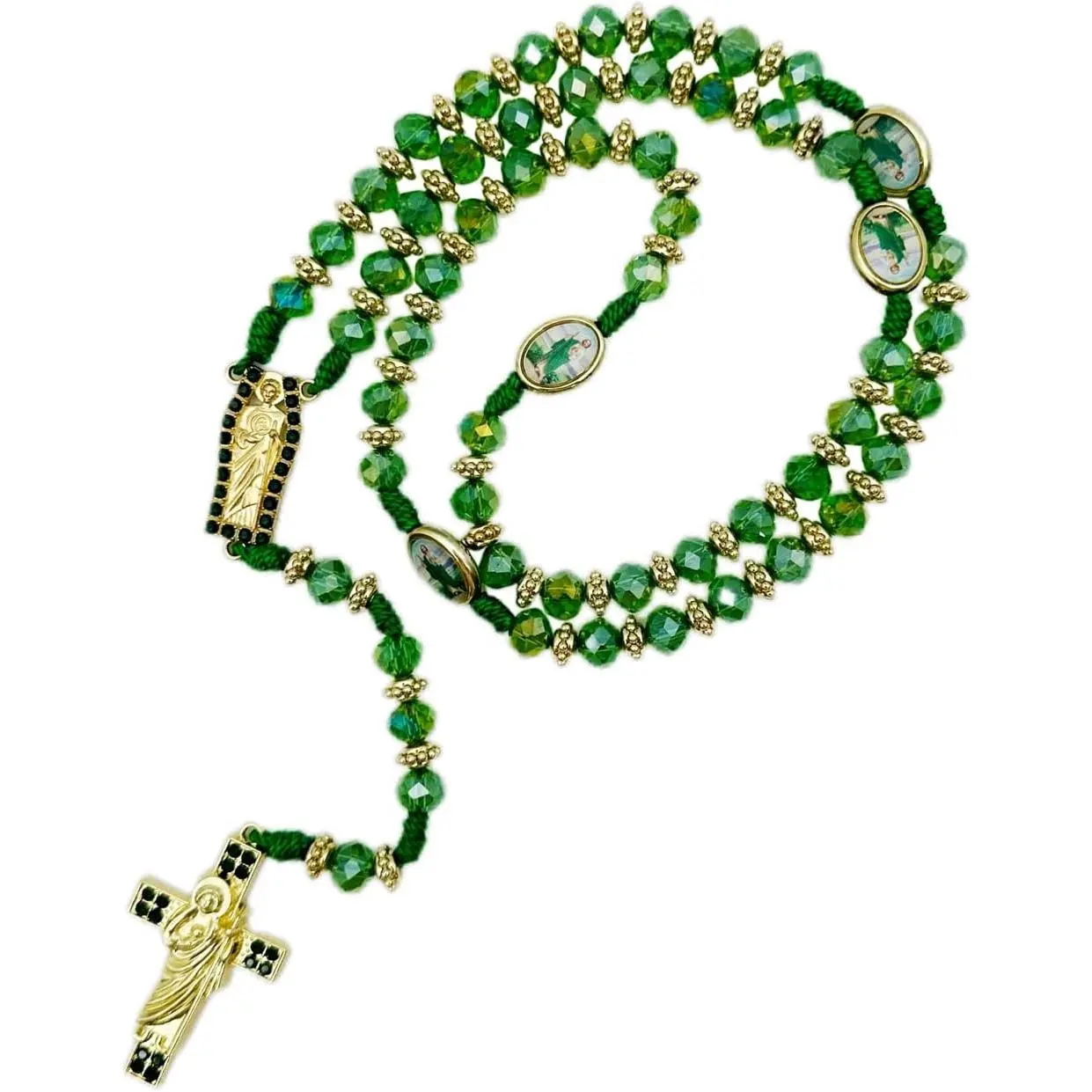 Exquisite Rosary Saint Jude Cross Pendant Mexican Necklace - Braided Cord Green Crystal beads Chain, Charm Accessories  Men and Women, Catholic St Jude Elegant Religious Jewelry Gift Idea