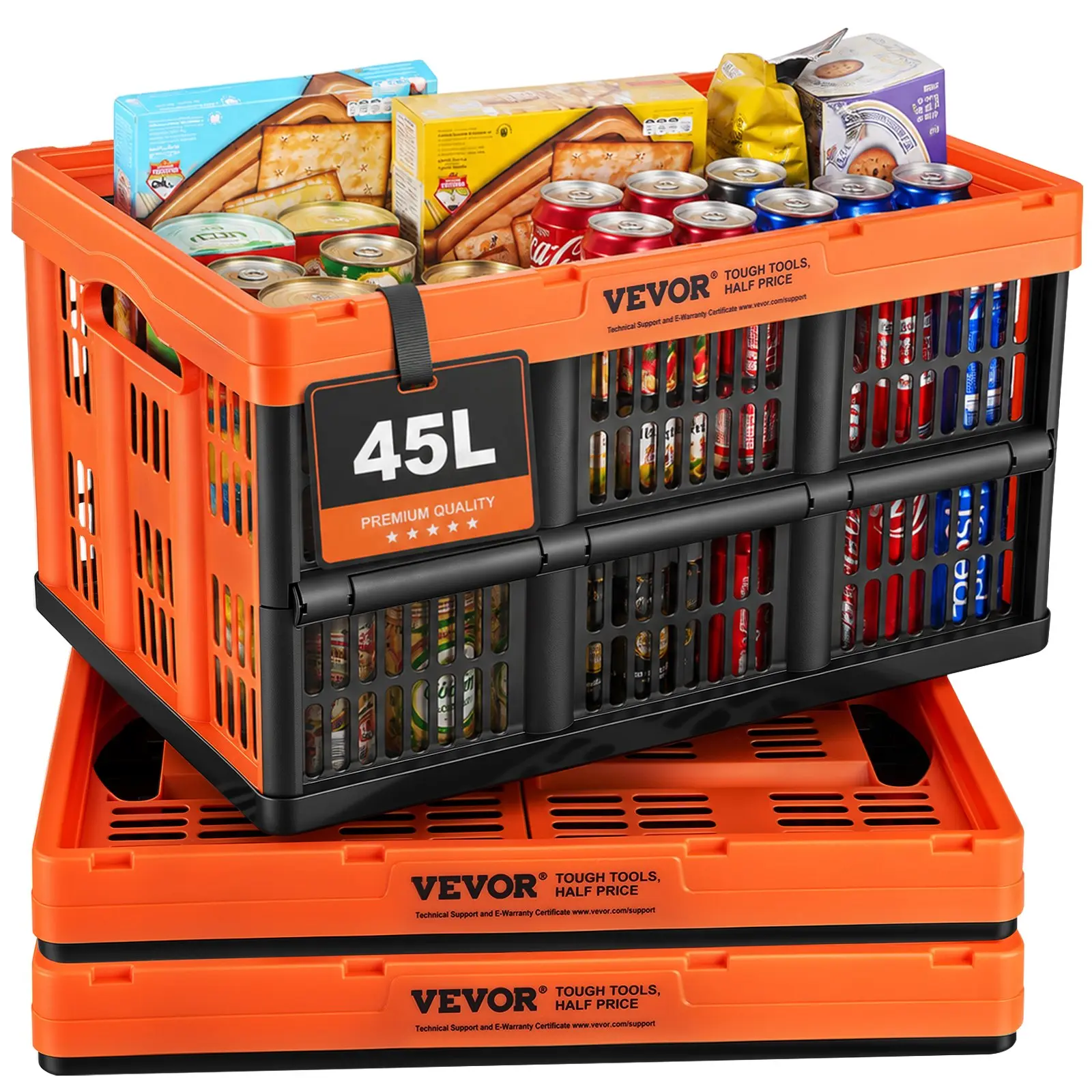 【toolupgrade】VEVOR Plastic Collapsible Storage Basket, 45L 3 Packs, Folding Stackable Storage Containers/Bins with Handles, Large Heavy Duty Containers for Clothes, Toys, Books, Snack, Shoes and Grocery Organizing