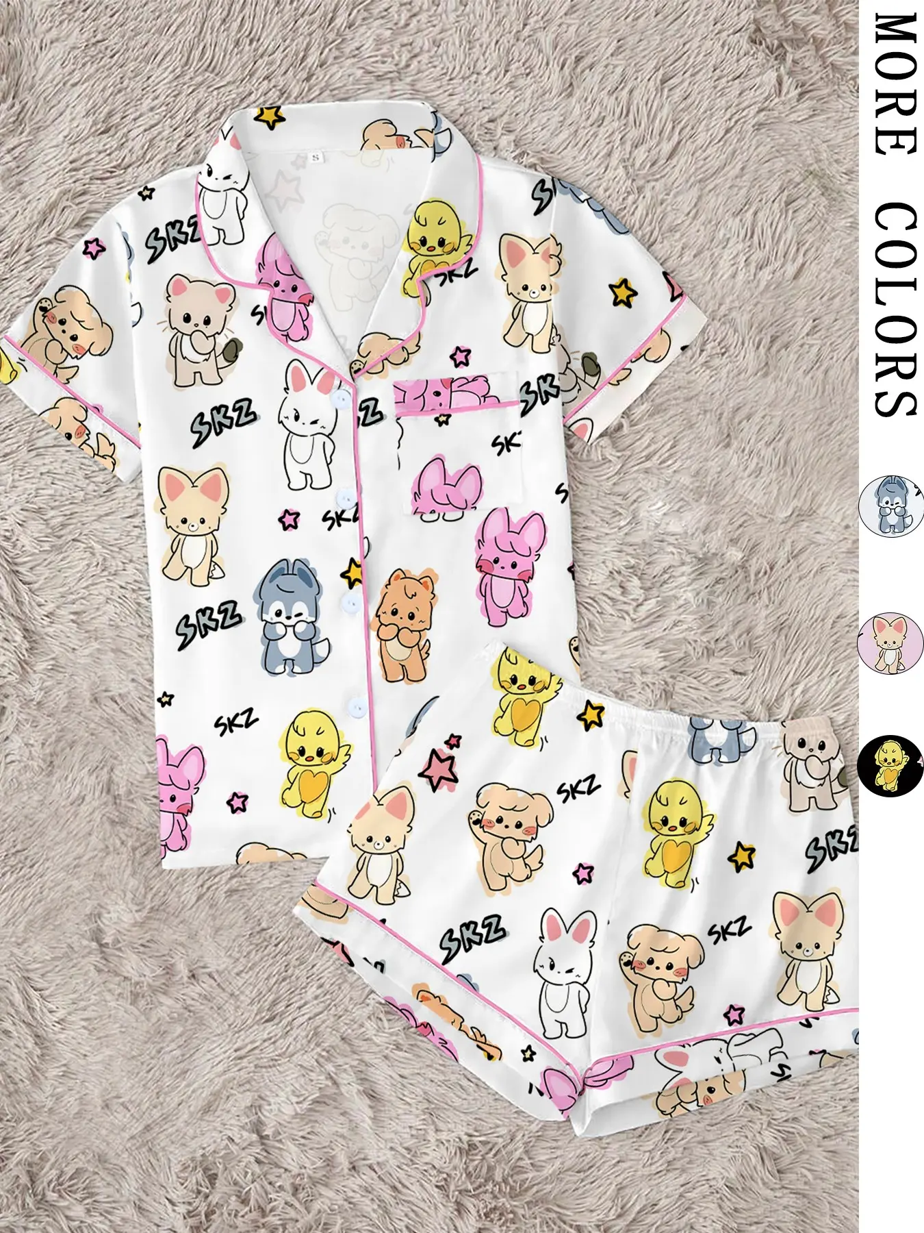 Women's K-Pop Style Kawaii Animal Print Pajamas, 2-Piece Short Sleeve Sleep Set, Lounge Pjs Set, Cute Cartoon Sleepwear Loungewear, Perfect Summer Gift