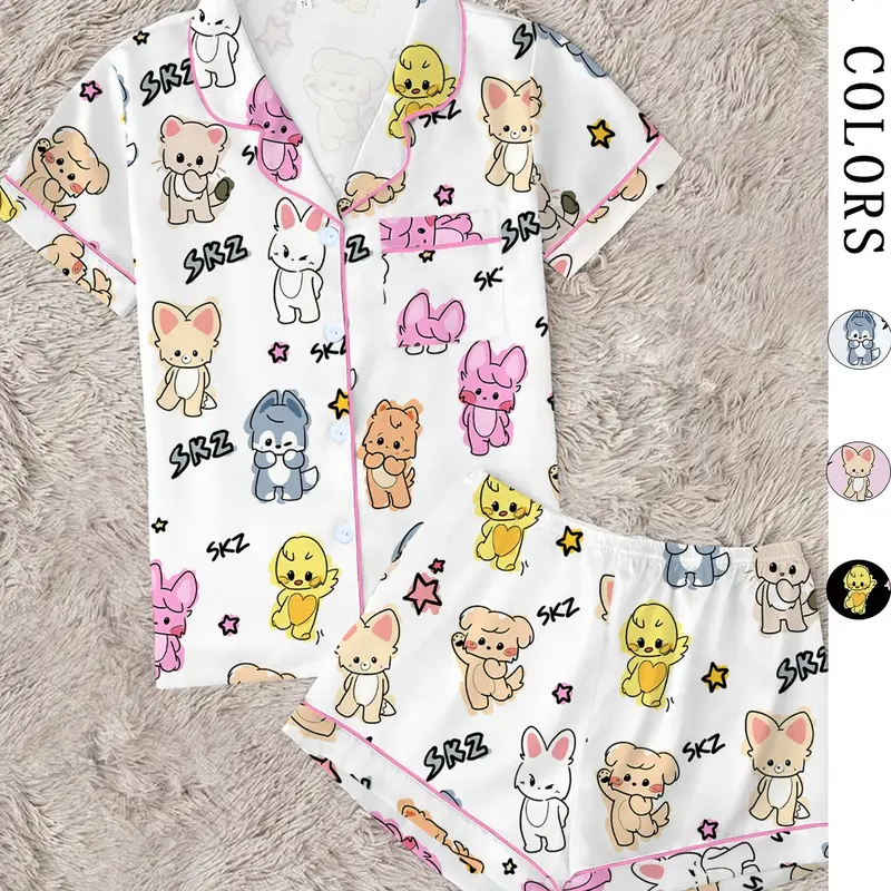 Women's K-Pop Style Kawaii Animal Print Pajamas, 2-Piece Short Sleeve Sleep Set, Lounge Pjs Set, Cute Cartoon Sleepwear Loungewear, Loungewear Outfit, Perfect Summer Gift