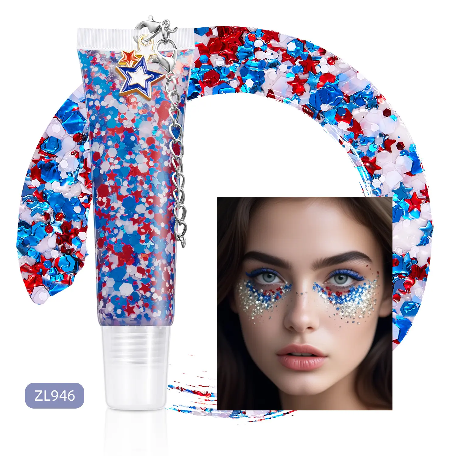 Red, white, and blue face and body glitter gel, Independence Day star-shaped chunky glitter cream, holographic hair, eye, and lip cosmetic glitter