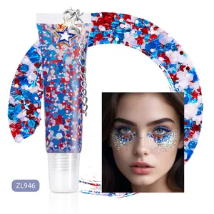 Red, white, and blue face and body glitter gel, Independence Day star-shaped chunky glitter cream, holographic hair, eye, and lip cosmetic glitter