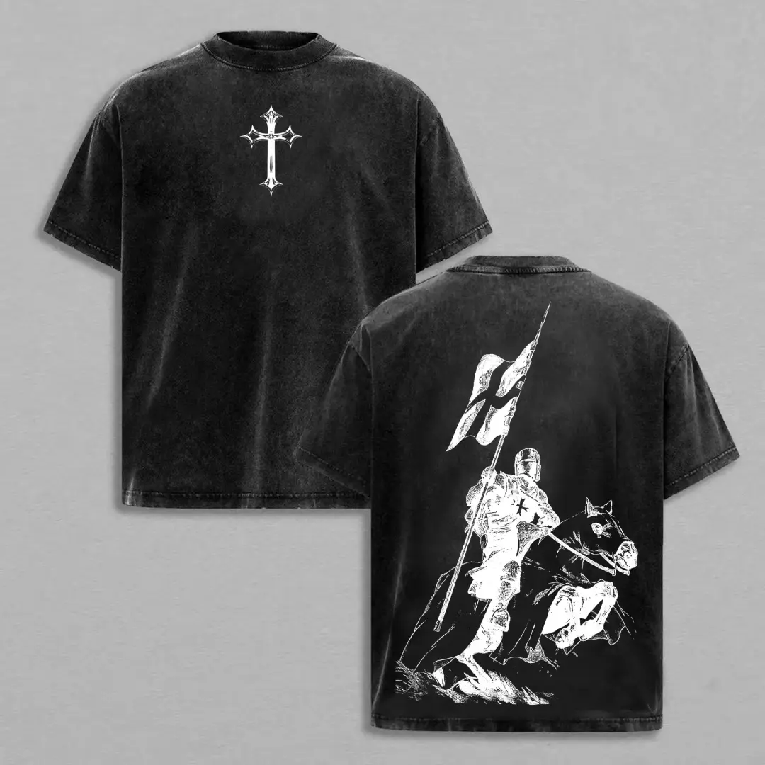 Crusader Knight Graphic T-Shirt, Unisex Short Sleeve Oversize Washed Streetwear Top in Heavyweight 230gsm Soft Cotton with a Seamless Round Neck, Shortsleeve, Fabric, Stylish, Oversized, Menswear, Ribbed