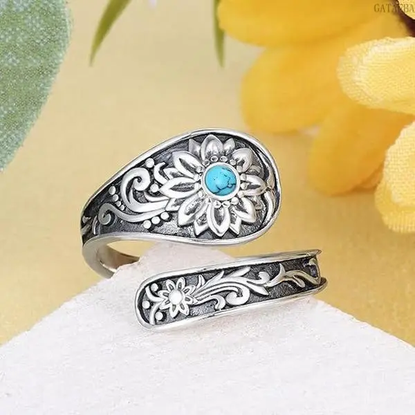 New Boho Sunflower Turquoise Ring for Women, Vintage Floral Adjustable Open Band Ring