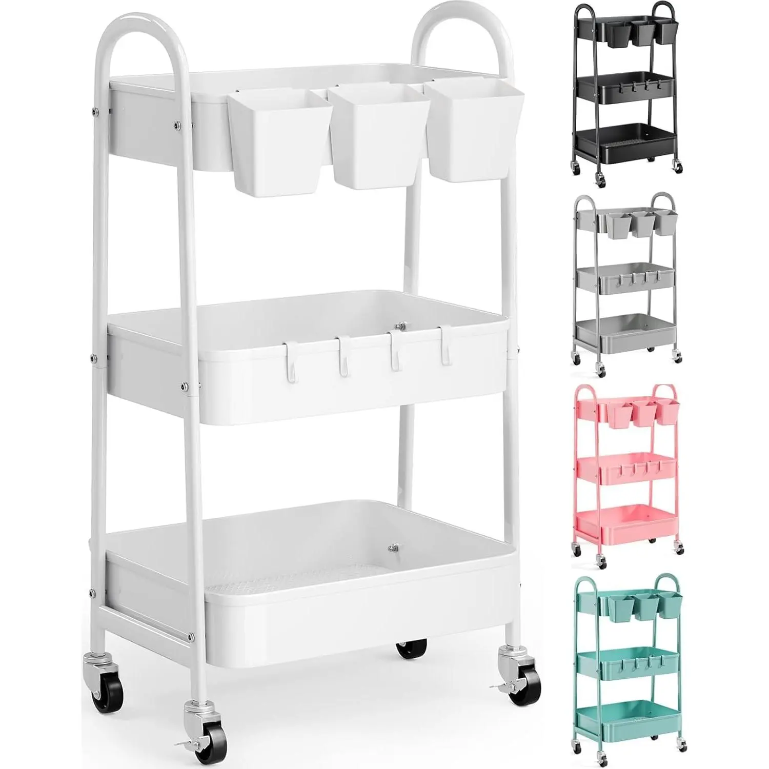 Three-tier heavy-duty white metal rolling cart with lockable wheels, three-tier rolling cart for books and snacks, multi-functional storage and organizing cart, suitable for kitchen, bathroom, garage, baby diapers, crafts, art supplies, teacher supplies