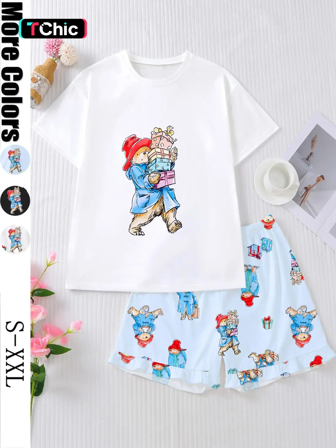 2-Piece Cartoon Paddington Bear Print Women's Pajama Set Loungewear, Short Sleeve Round Neck Soft Top and Elastic Waist Shorts, Comfortable Home Wear Pjs Lounge Pajama Style