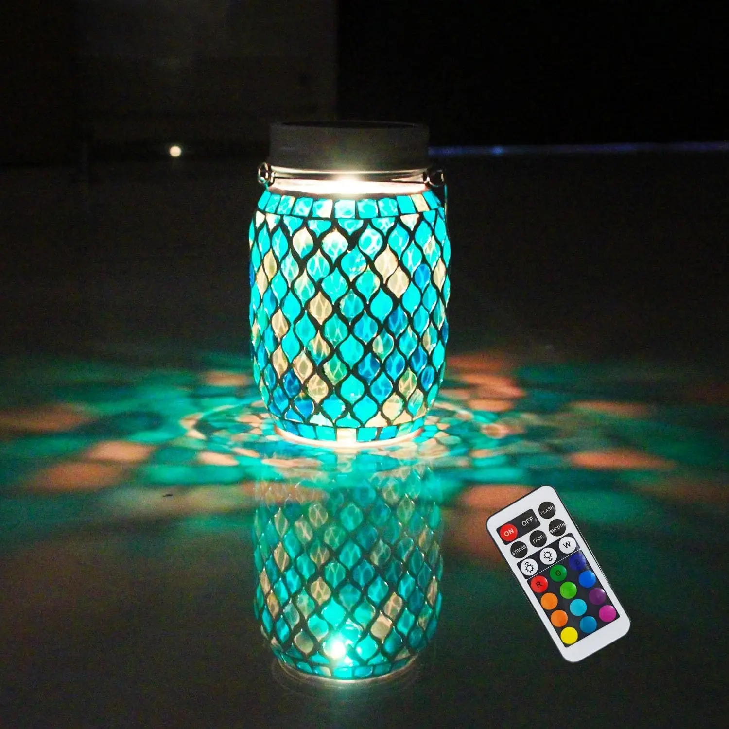 Handcrafted Glass Solar Mosaic Lanterns - 12 Color Changing LED, 4 Lighting Modes with Remote Control, Outdoor Hanging or Tabletop Garden Decor (Blue), Handmade Craft