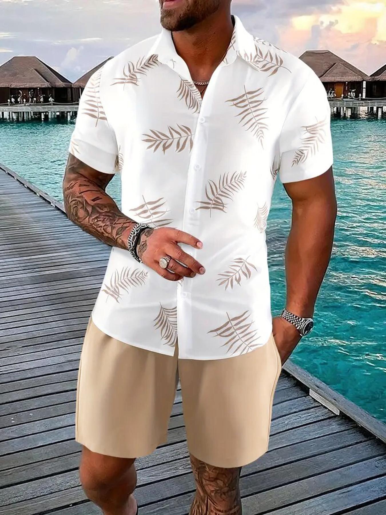 Two-Piece Set Men's Various Pattern Print Short Sleeve Pajama, Regular Fit Casual Comfy Button Front Collared Top & Drawstring Waist Pocket Design Shorts PJ Set, Men's Summer Sleepwear, Casual Pajamas Outfit