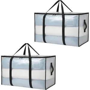 2 Pack  Clear Moving Bags with Zippers - Heavy Duty Storage Bags with U-Shaped Handles, Tag Pocket & Side Grips - Ideal for Clothes, Bedding, Dorm, Closet, Garage Organization