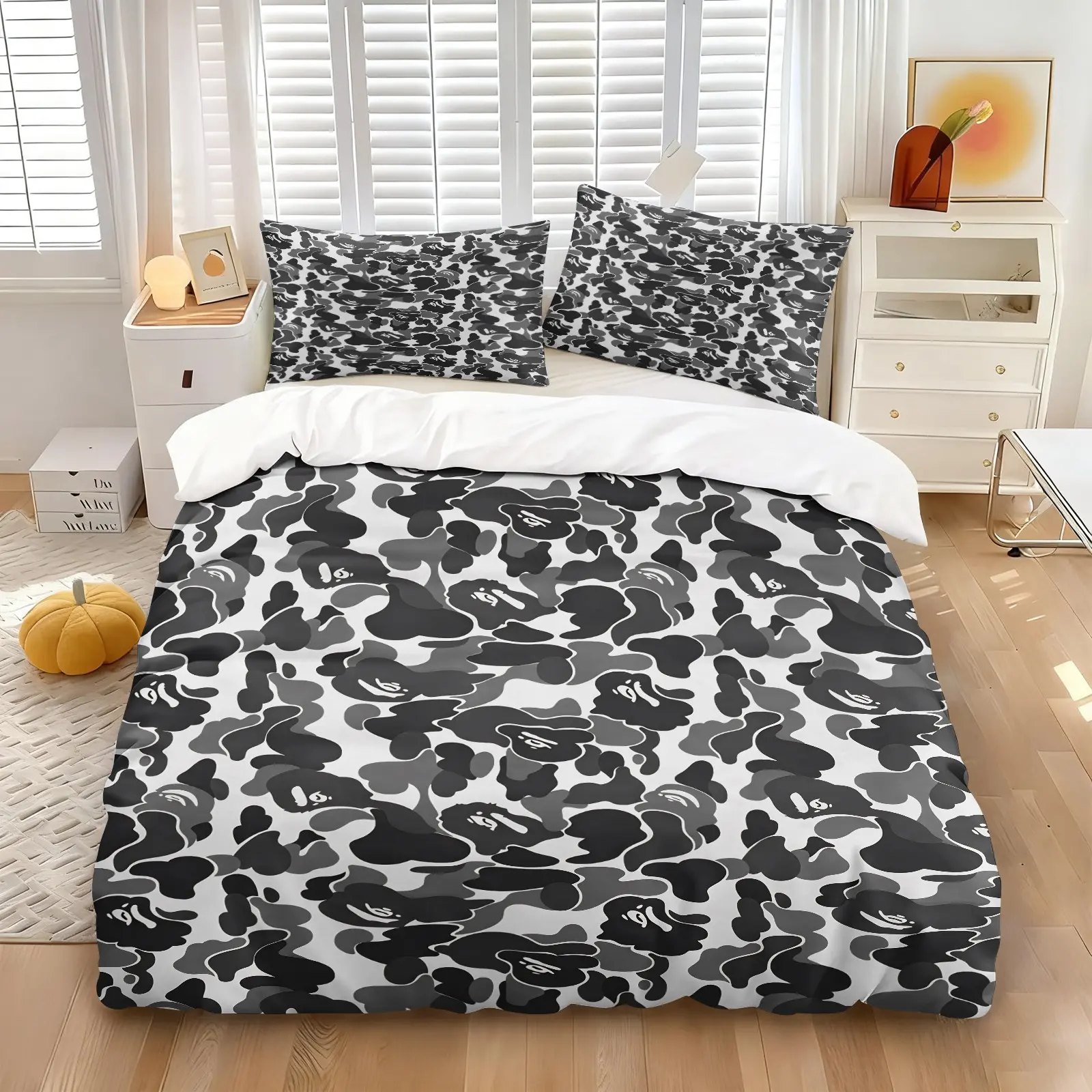 Streetwear Black Grey Camo Ape Pattern Duvet Cover Set, Includes 1 Duvet Cover + 1/2 Pillowcases, Comfy Bed Sets, Theme Bedding Set, Breathable Cozy Durable Fabric, Cool Collectible Surprise Gift For Streetwear Fans & Young Trendsetters