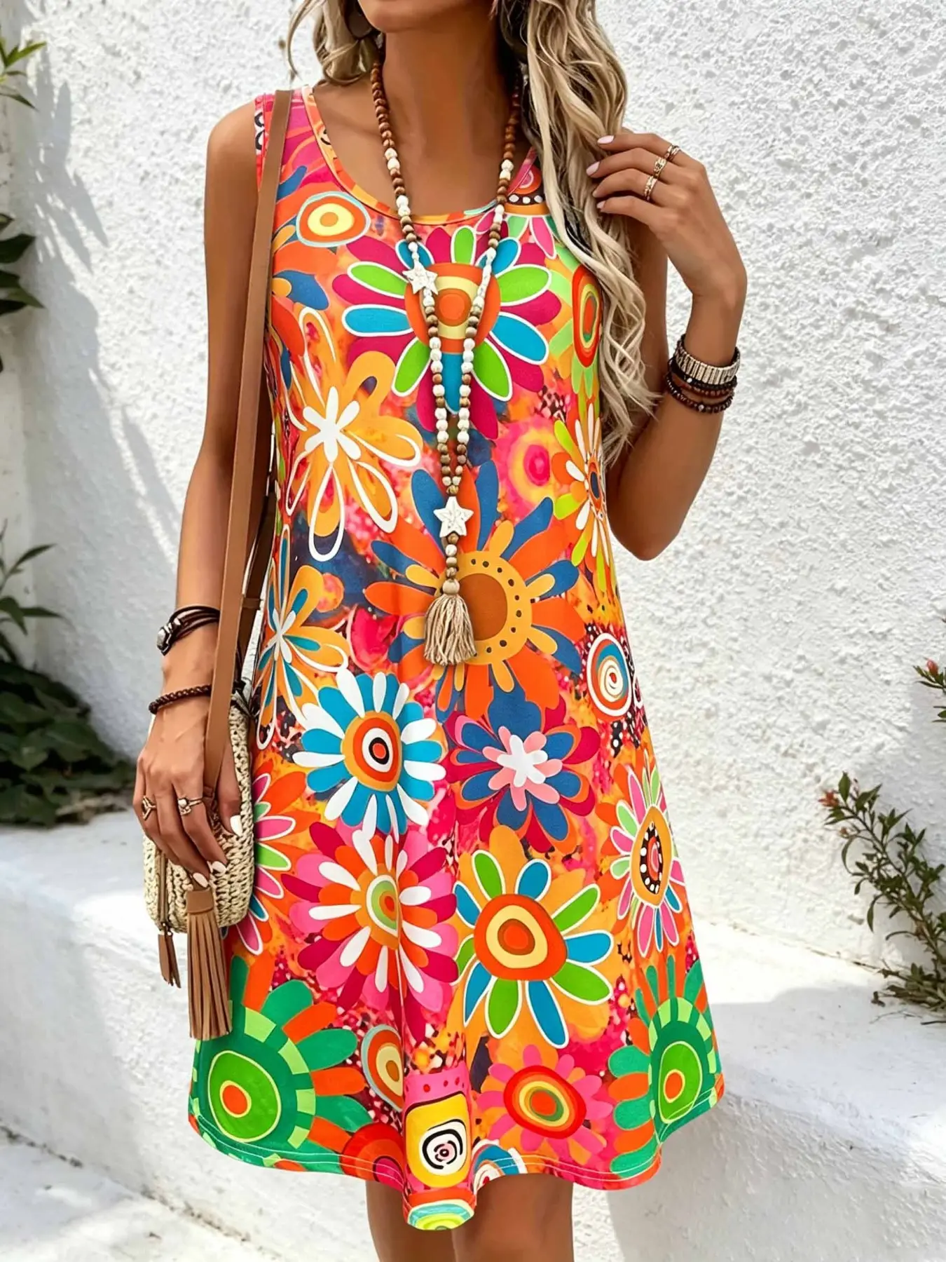 Spring Summer New Floral Print Bohemian Boho Chic Women's Sleeveless Tank Top Dress, Casual Daily Wear, Vacation Beach, Beach Holiday Dresses, Elegant Feminine Ladies' Summer Dress, Comfortable Leisure Dress