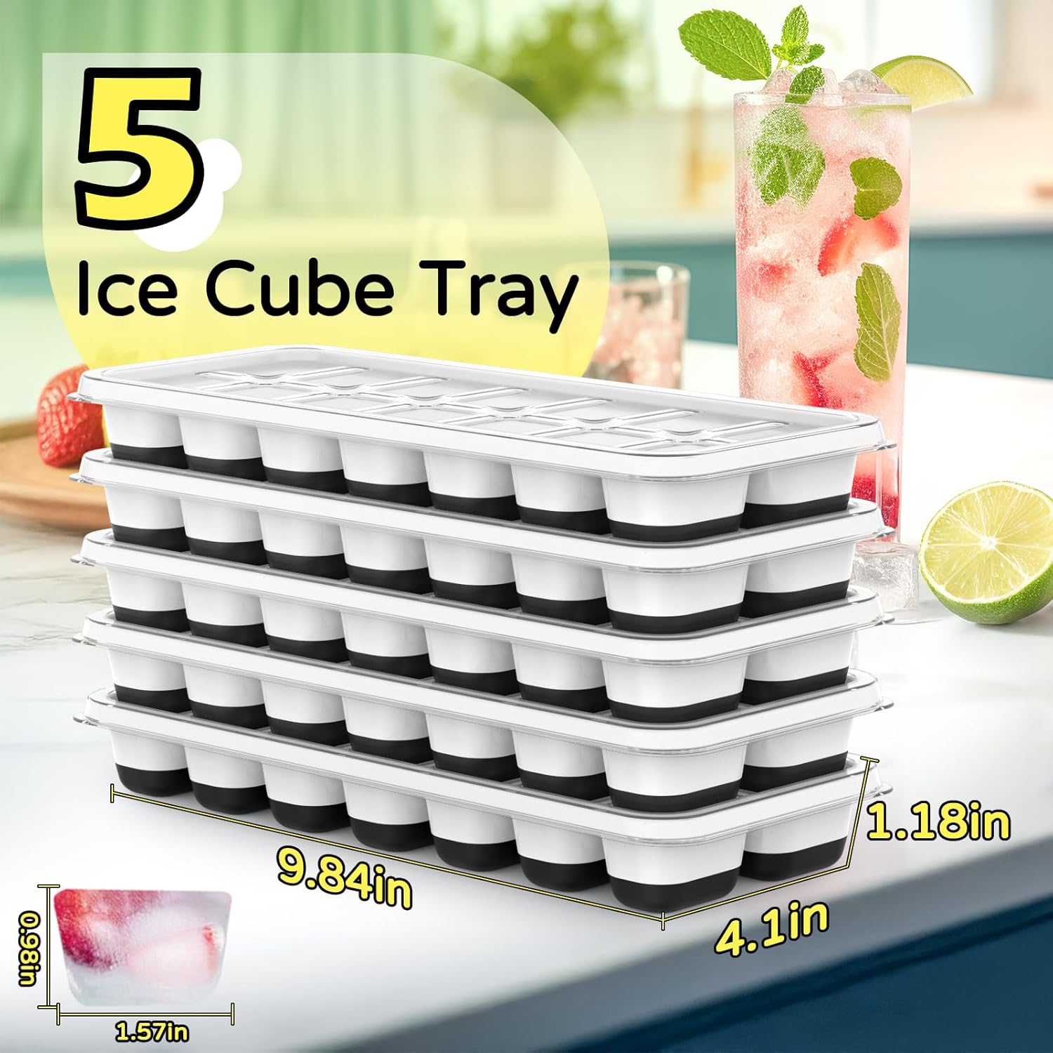 Ice Cube Tray 5 Pack, Stackable  Ice Cube Trays with Lid- Easy Release  Ice Tray,  Rectangular Ice Cube Mold Set for , Coffee,  & Drinks- Black