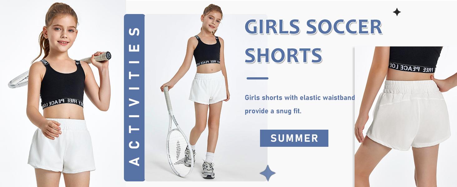 Girls Athletic Shorts High Waist Elastic 2 in 1 Running Shorts with Side Pockets 5-14 Years