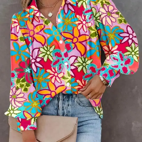 [Plus Size] Boho Chic Bohemian Inspired Floral Print Button Front Woven Fitted Blouse, Bohemian Blouse, Casual Bishop Sleeve Collared Top for Summer, Fall Clothing