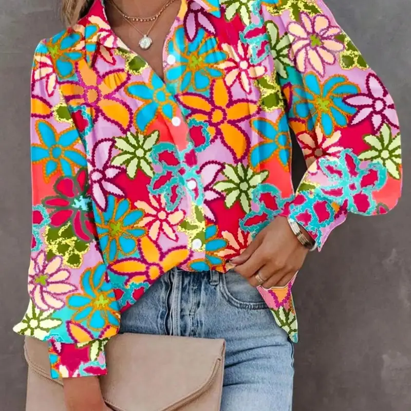 [Plus Size] Boho Chic Bohemian Inspired Floral Print Button Front Woven Fitted Blouse, Bohemian Blouse, Casual Bishop Sleeve Collared Top for Summer, Fall Clothing