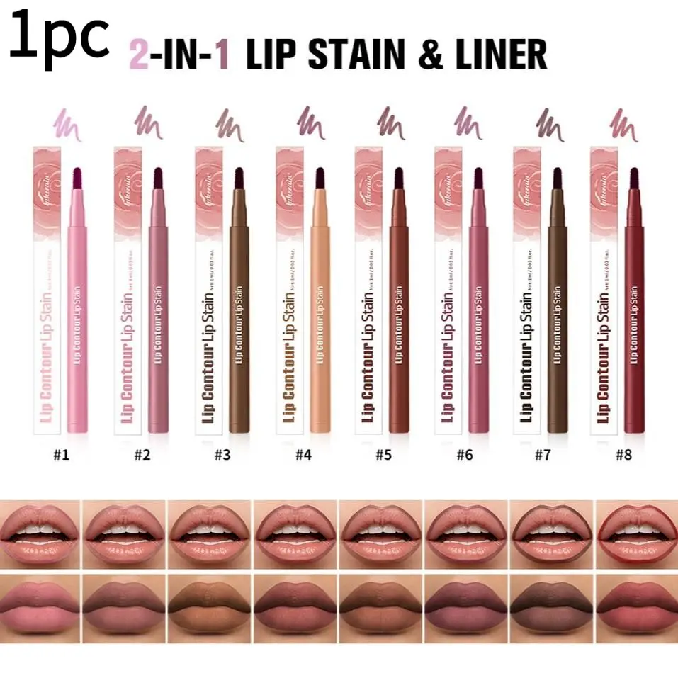 1Pcs 2-in-1 lip gloss lipliner lasting moisturizing color rendering lipstick fog face waterproof lip gloss 8 color women's cosmetics holiday gift