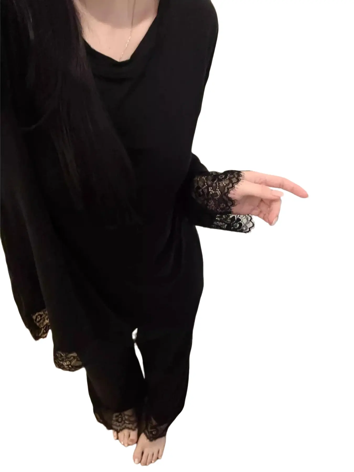 Lace Trim Long Sleeve Sleepwear Set for Women, Spring Summer New Luxury Lady Casual Home Wear, Two-Piece, Colorblock Pattern