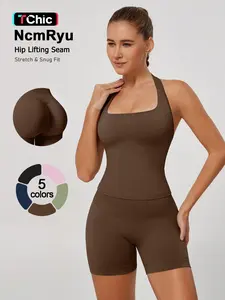 Women's Two-Piece Sportswear Set, Soft High-Elastic Bare Feel Fabric, Smooth Fit, No Friction, Halter Neck, High Waist Shorts, Fitness & Daily Wear