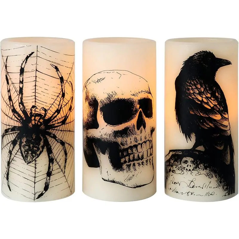 3-Pack Skull Halloween Flameless Candles, 3 x 6-Inch Battery-Operated LED Pillar Candles with 6-Hour Timer, Flickering Spiderweb, Crow & Raven Decor