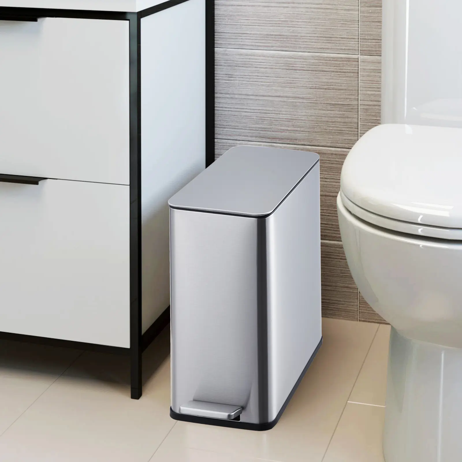 GARVEE Slim Stainless Steel Kitchen Trash Can - 2.64 Gal (10L) Step-On Lid Cleaning Bin with Soft-Close Lid, Removable Inner Plastic Bucket, Smudge-Resistant, Space-Saving Size for Kitchen/Bathroom