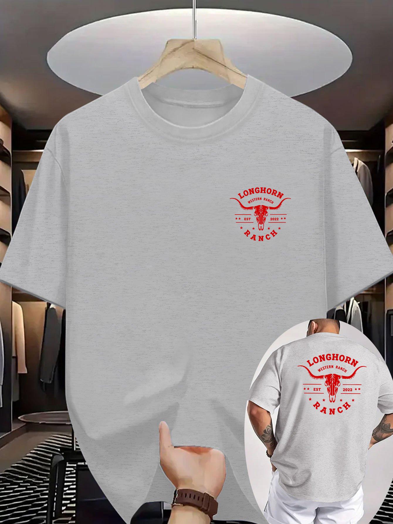 [PeakPro T-shirt]-Men's Western Cowboy Graphic T-Shirt - Longhorn & Bull Skull Print with Texas Ranch Design, Breathable Knit Fabric, Double-Sided Short Sleeve Shirt for Summer Outdoor Activities, Casual Round Neck Tee for Ranch & Wester