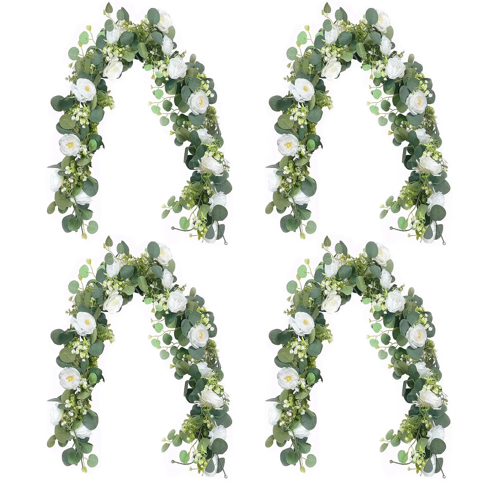 Elegant Artificial White Austin Rose & Eucalyptus Garland - Lifelike Silk Floral Vine, Flexible Plastic Stem, 4 Pack, Perfect for Wedding Arch, Table Runner, Home & Party Decor