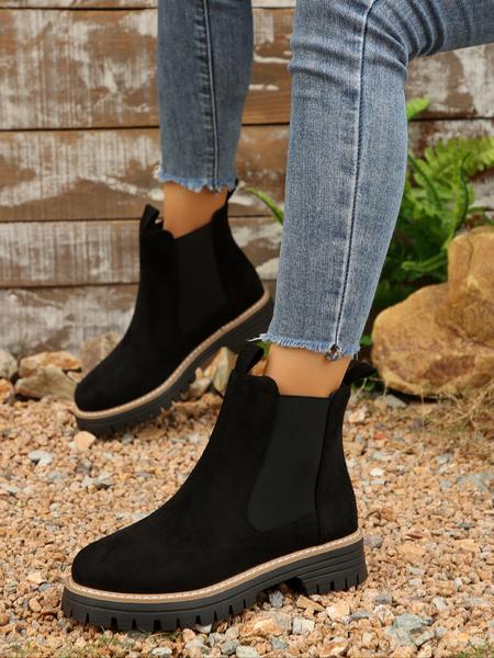Chunky Sole Chelsea Boots for Women, Trendy High Heel Ankle Boots, Casual PU Leather Short Boots for Fall & Winter