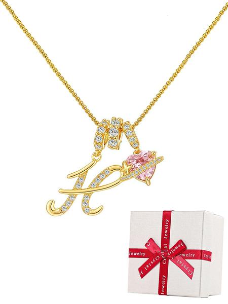 Initial Letter Heart CZ Birthstone Necklace With Rose Jewelry Gift Box, 18K Gold Plated Alphabet Pendant Necklace for Women, Birthday Christmas Jewelry Gift for Women Girl Wife Daughter Love Necklace