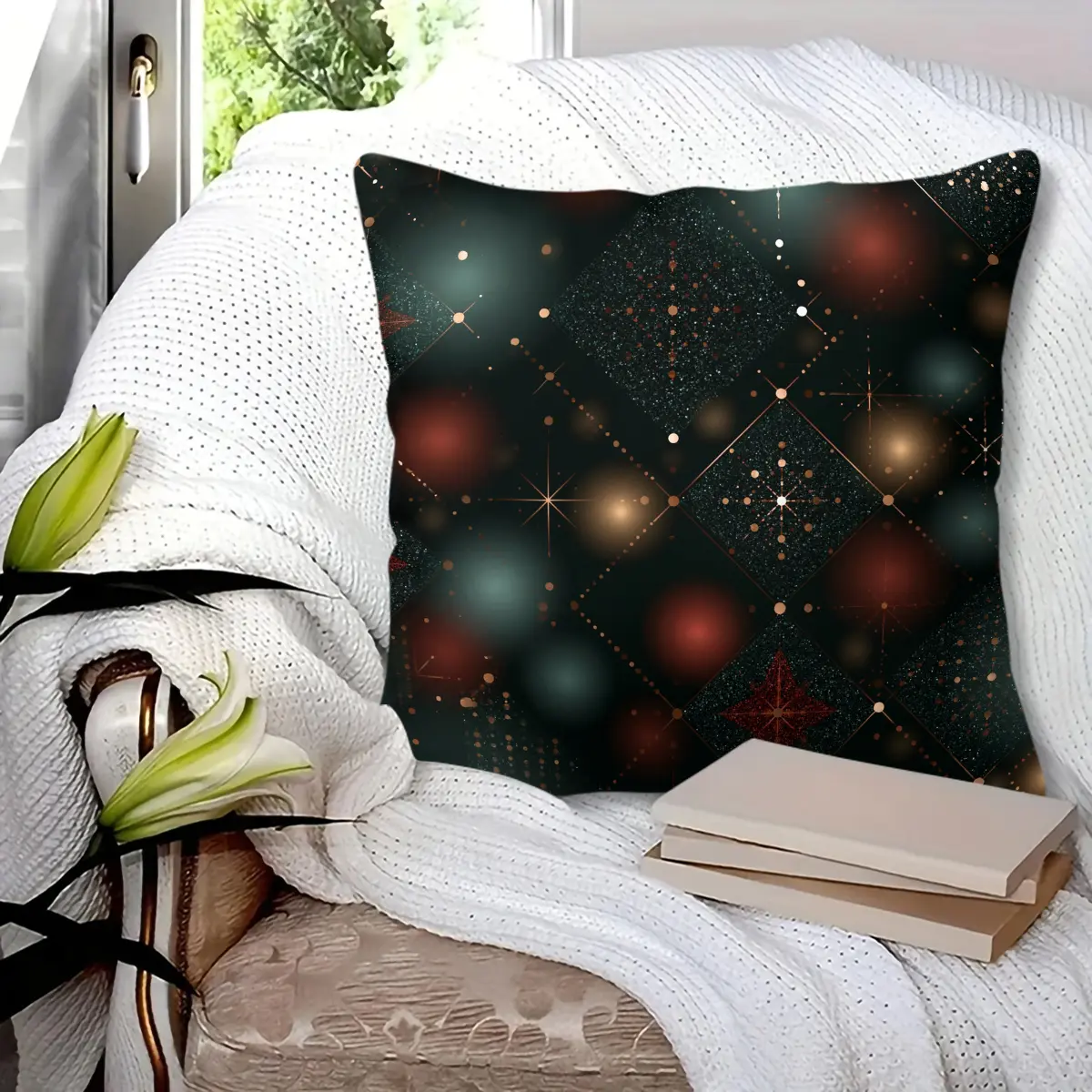 45x45cm 1Pc, Dark Green Starry Bokeh Print Throw Pillow, soft fluffy durable decorative cushion, perfect for sofa, bed, living room and bedroom decor, great small holiday gift, includes filling to add warm cozy vibe to your home