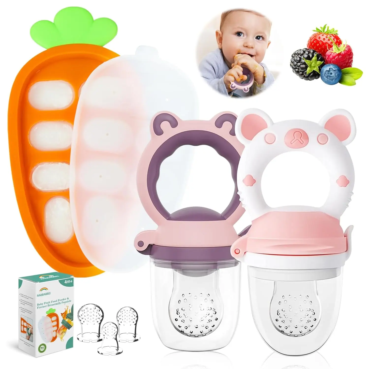 Unisex Silicone Baby Fruit Feeder Teethers 2-Pack - Safe Animal Shapes Pacifier for Teething Relief & Fresh Food, 3 Nipple Sizes & Freezer Tray Included for Infants 4-24 Months (Purple/Pink)
