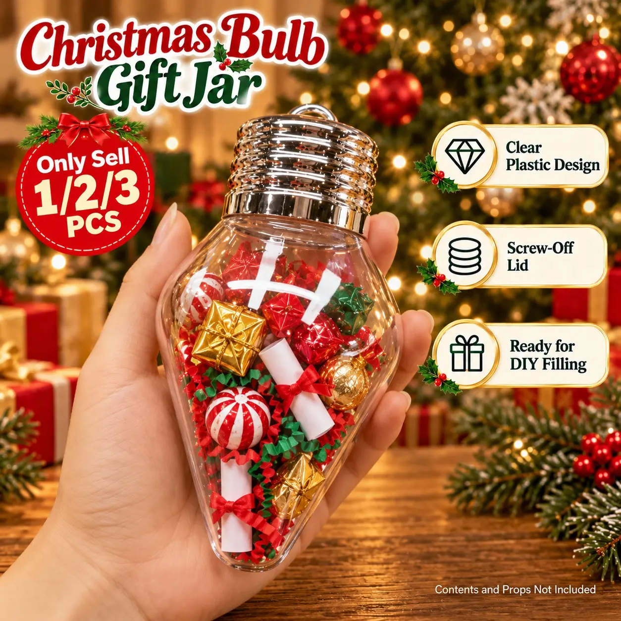 1/2/3 PCS Christmas Bulb Gift Jar, Giant Clear Light Bulb for Crafts, Fillable Ornament Decoration with Screw-Off Lid for Christmas Trees, Mantels, Holiday Tables, DIY Crafts, Party Favors and Gift Exchanges