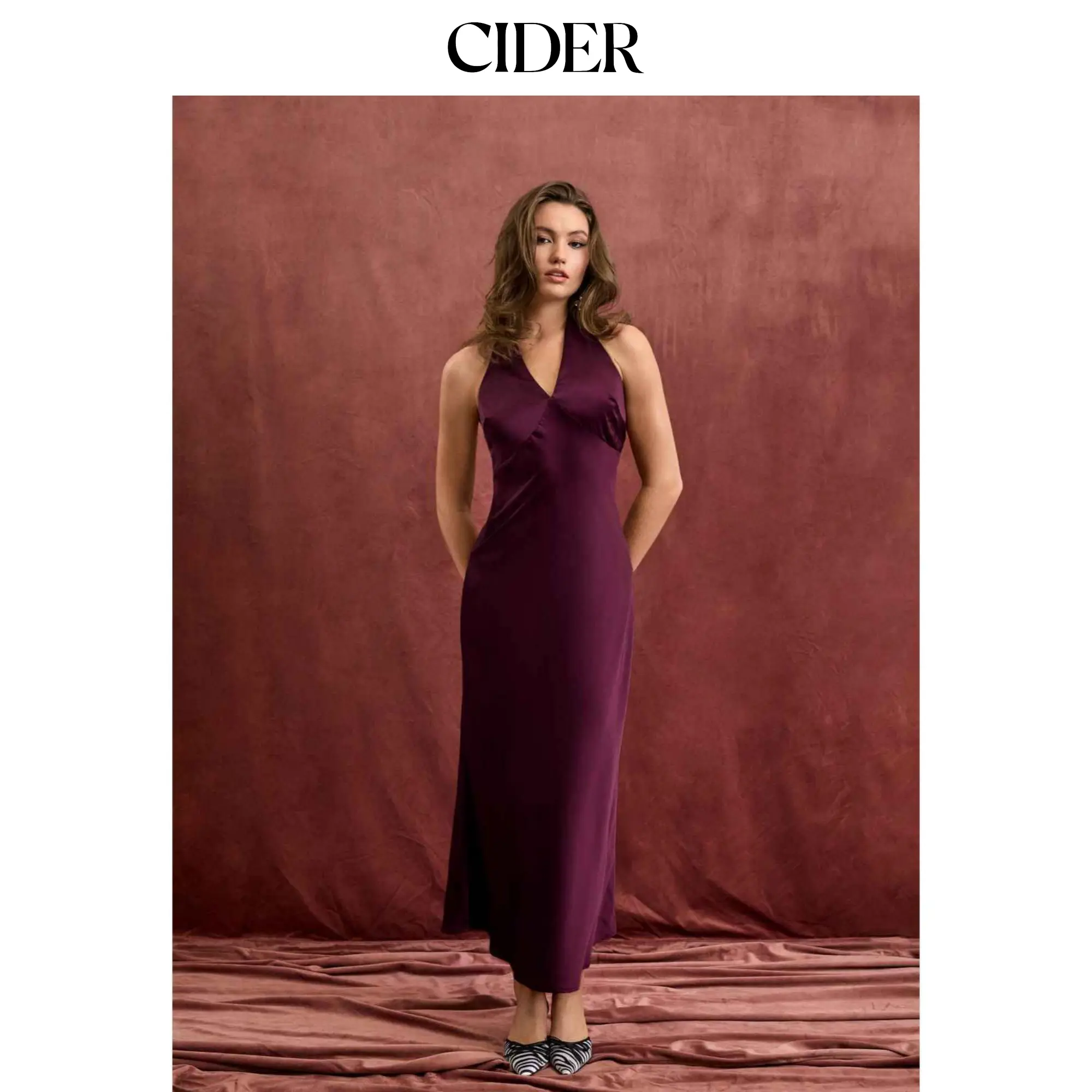 Cider Satin V-neck Backless & Bowknot Mermaid Maxi Dress