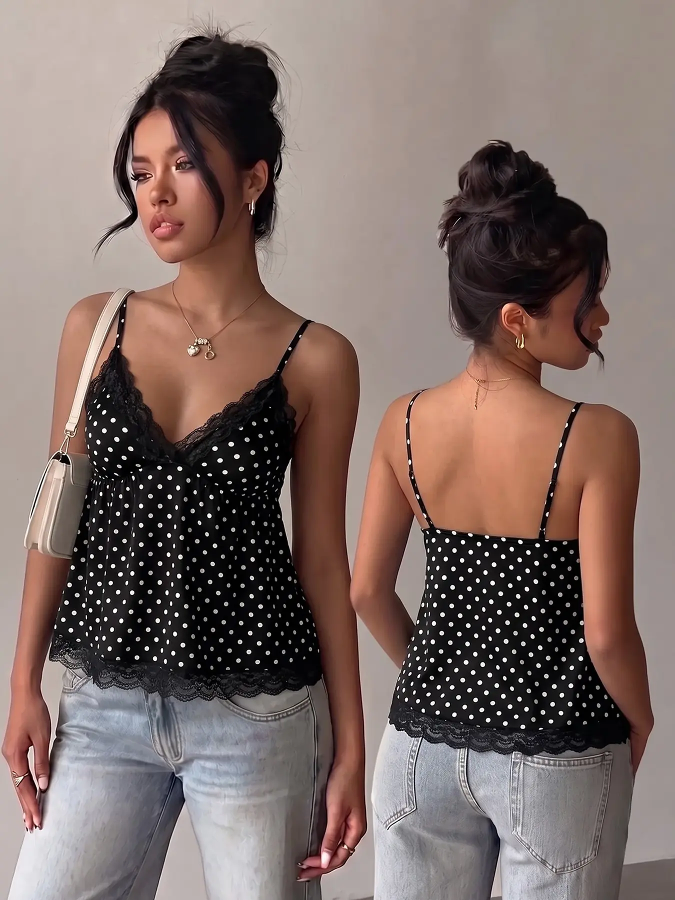 Black White Polka Dot Lace Trim Cami Top Womens V Neck Babydoll Flowy Spaghetti Strap Tank Soft Lightweight Casual Date Night Party Vacation Wear Figure Flattering Y2K Sweet Chic Sleeveless Blouse #springsaledeals2026 #summeroutfits #vintagefashion #camit