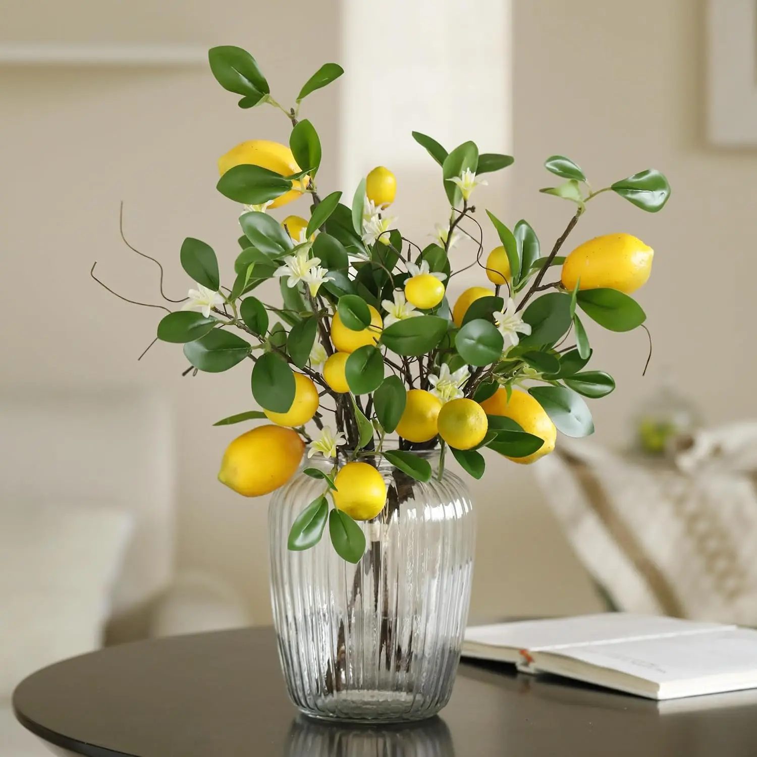 Artificial Lemons Branches, 8 Head Faux Lemons with Stem Fake Lemon Themed for Kitchen Decoration Party Farmhouse Decor (Yellow) |     Fake Lemon Stems, Summer Home Kitchen Decor, Farmhouse Party Decorations