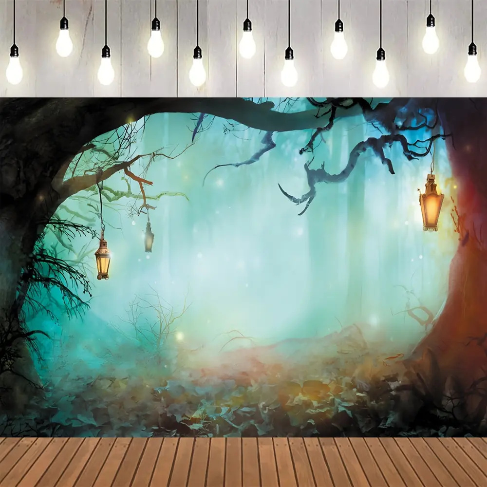 2D Flat Banner HD digitally printed polyester photography backdrop, enchanted misty forest with vintage hanging lantern printed design, soft lightweight foldable background cloth, suitable for party photos, portrait shooting, vide