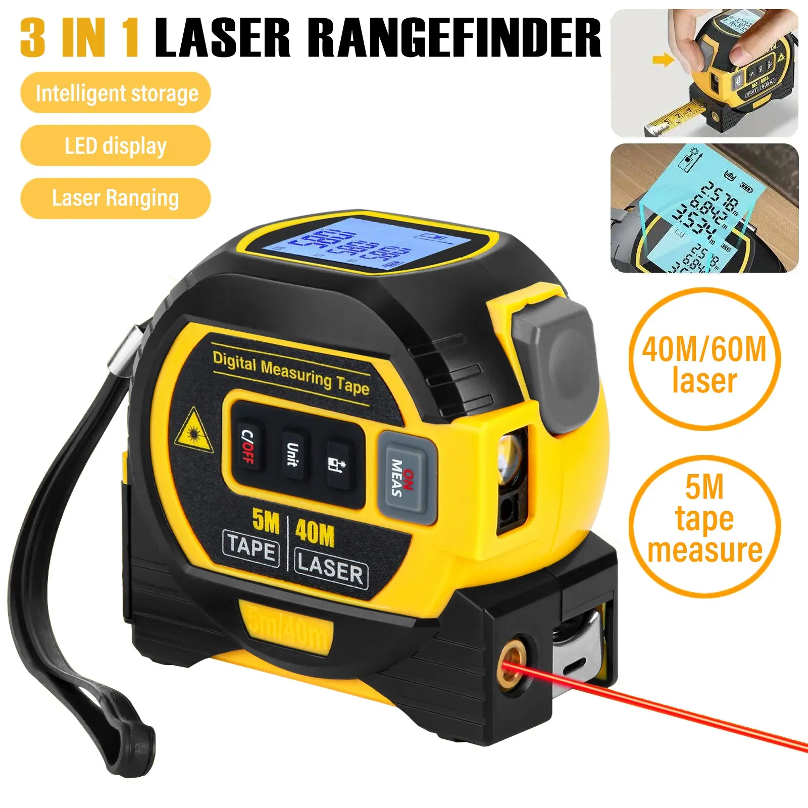 All-In-One 3-In-1 Laser Distance Measurer, Tape Measure + Rangefinder + Angle Measurement, 40m/60m, LCD Display, Indoor/outdoor Use