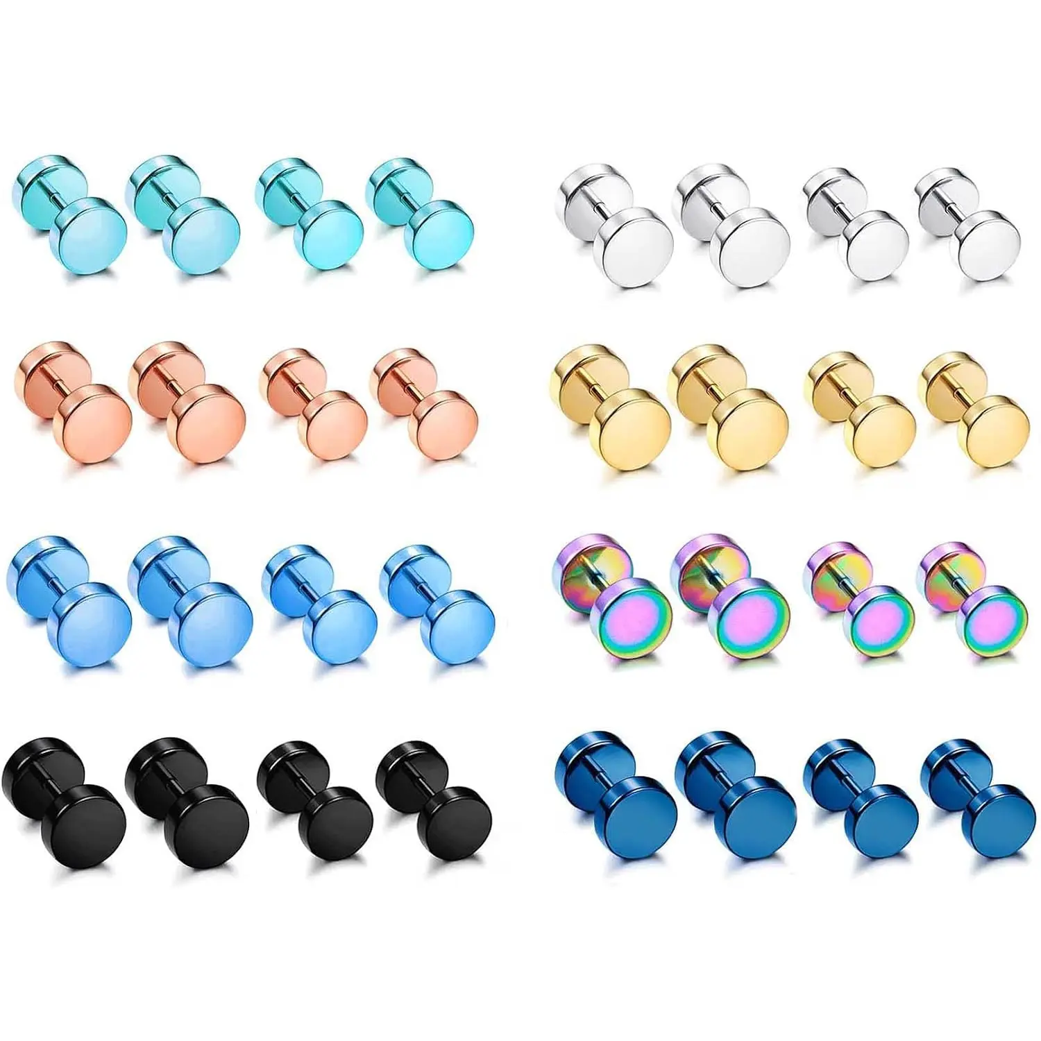 16 Pairs Dot Stud Earrings for Women Men, Surgical Steel Screw Flat Back Earrings, Multi-Color Fake Gauge Ear Plugs Tunnels Disc Studs Piercing Set 6mm/8mm