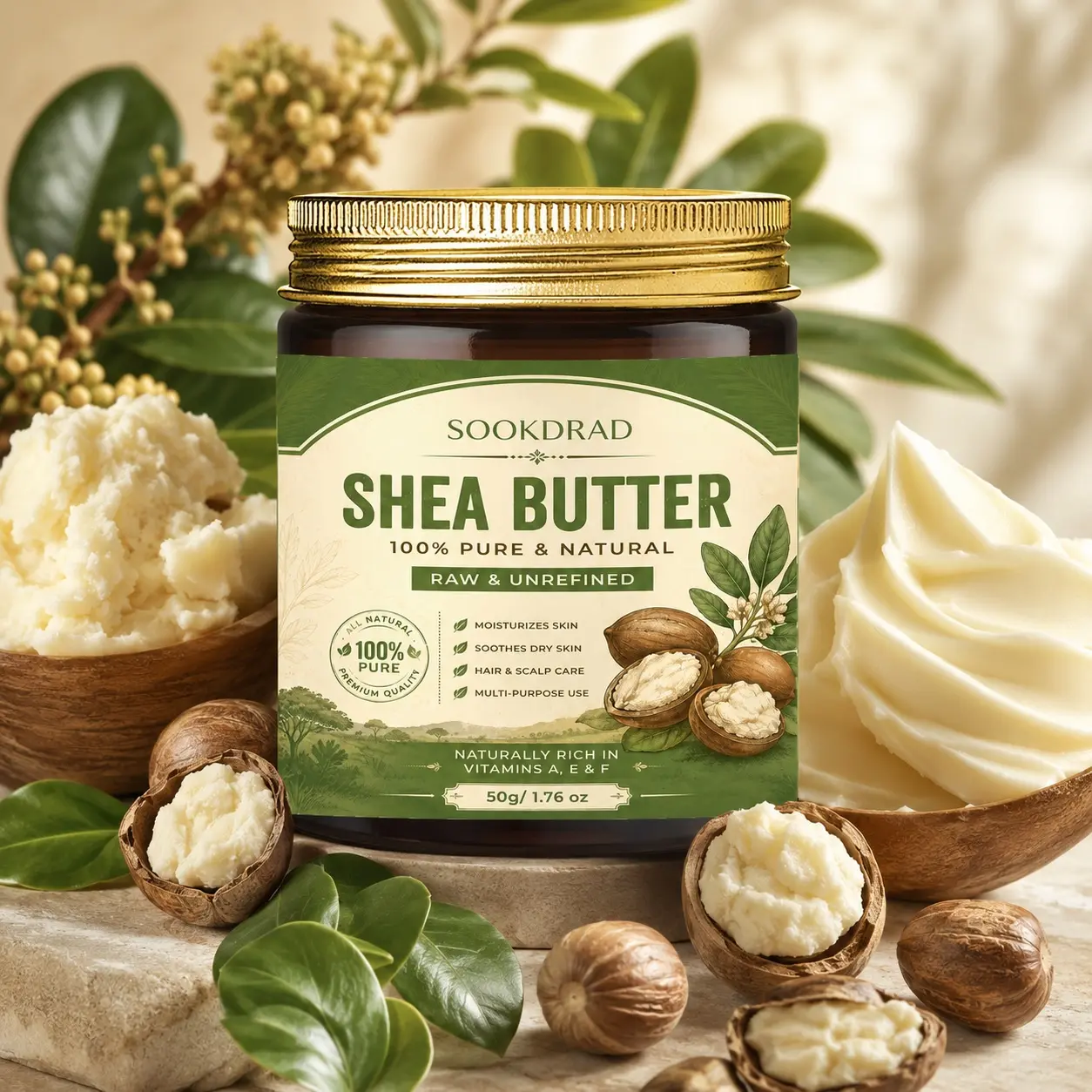 Shea Butter, 100% pure natural, raw unrefined, rich in vitamins A, E and F, moisturizes skin, soothes dry skin, hair and scalp care, multi-purpose use, 50g/1.76 oz