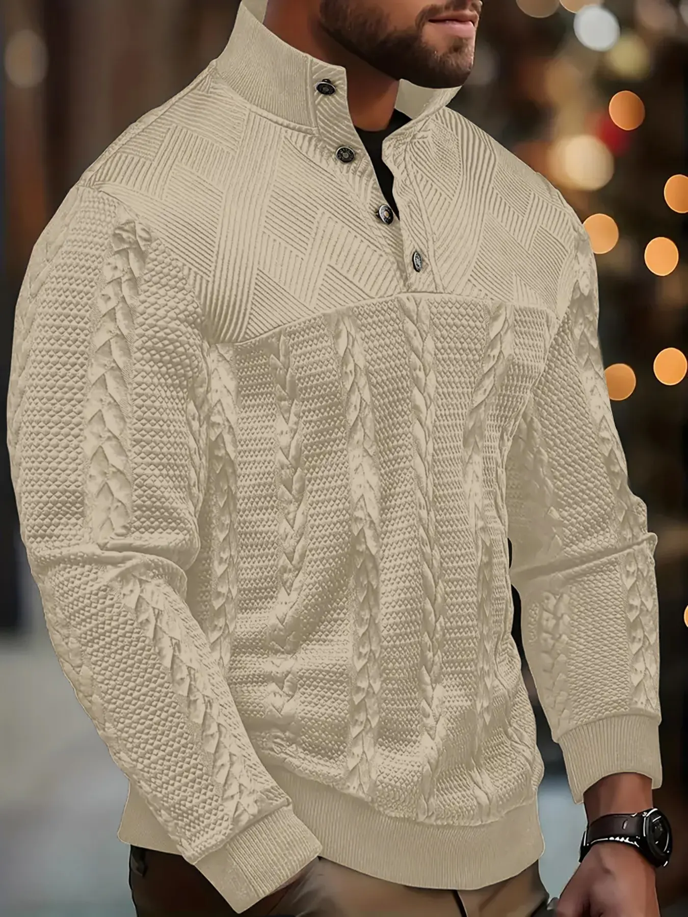 Men's Long Sleeve Henley Shirt, Soft Elastic Button Front, Knitted Jacquard Pullover, Outdoor Casual Wear, Fall Winter Fashion, Knit Polyester Top