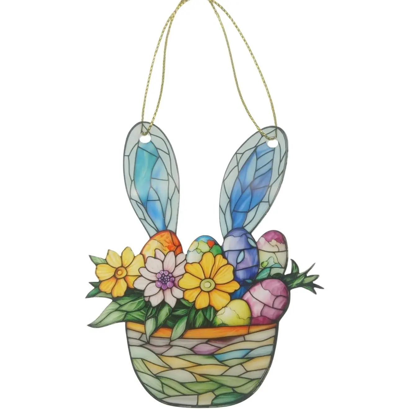 Floral Gifts for Women, Bunny in Flower Basket  Suncatcher, Faux Stained Glass Effect, Decoration for Window, , Cute, Whimsical Garden Suncatcher, Christmas Tree Decor
