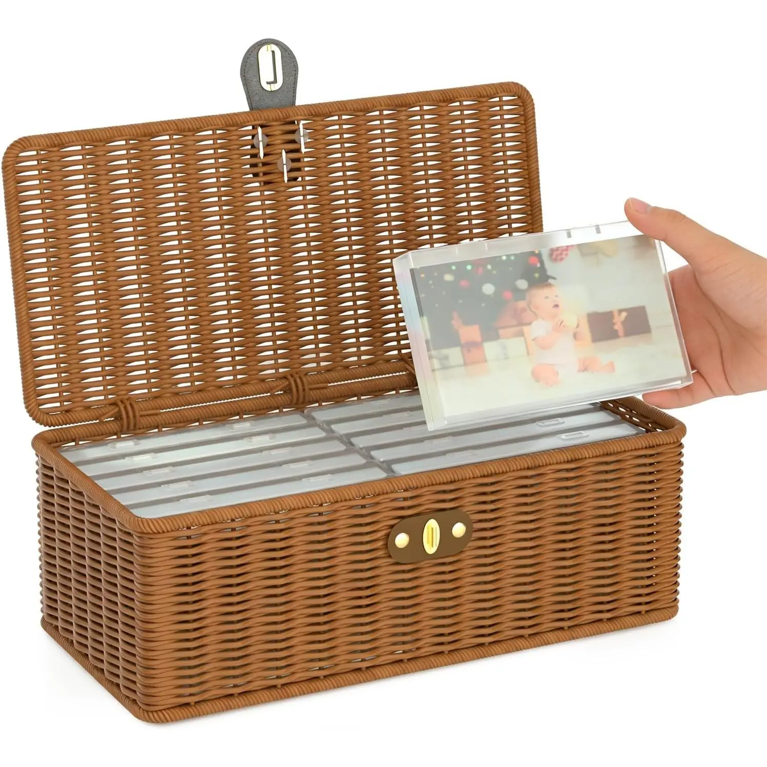 Decorative Photo Storage Box, Inner 12 Plastic Photo Case Hand Crafted Photo Organizer, Vintage Rattan Look Storage Container for 4x6 Photos, Keepsake Box for Pictures Stickers Postcards Scrapbooking