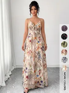 Floral Print Maxi Dress with Tie Knot Front, Adjustable Straps, Elegant Summer, Perfect for Casual Occasions