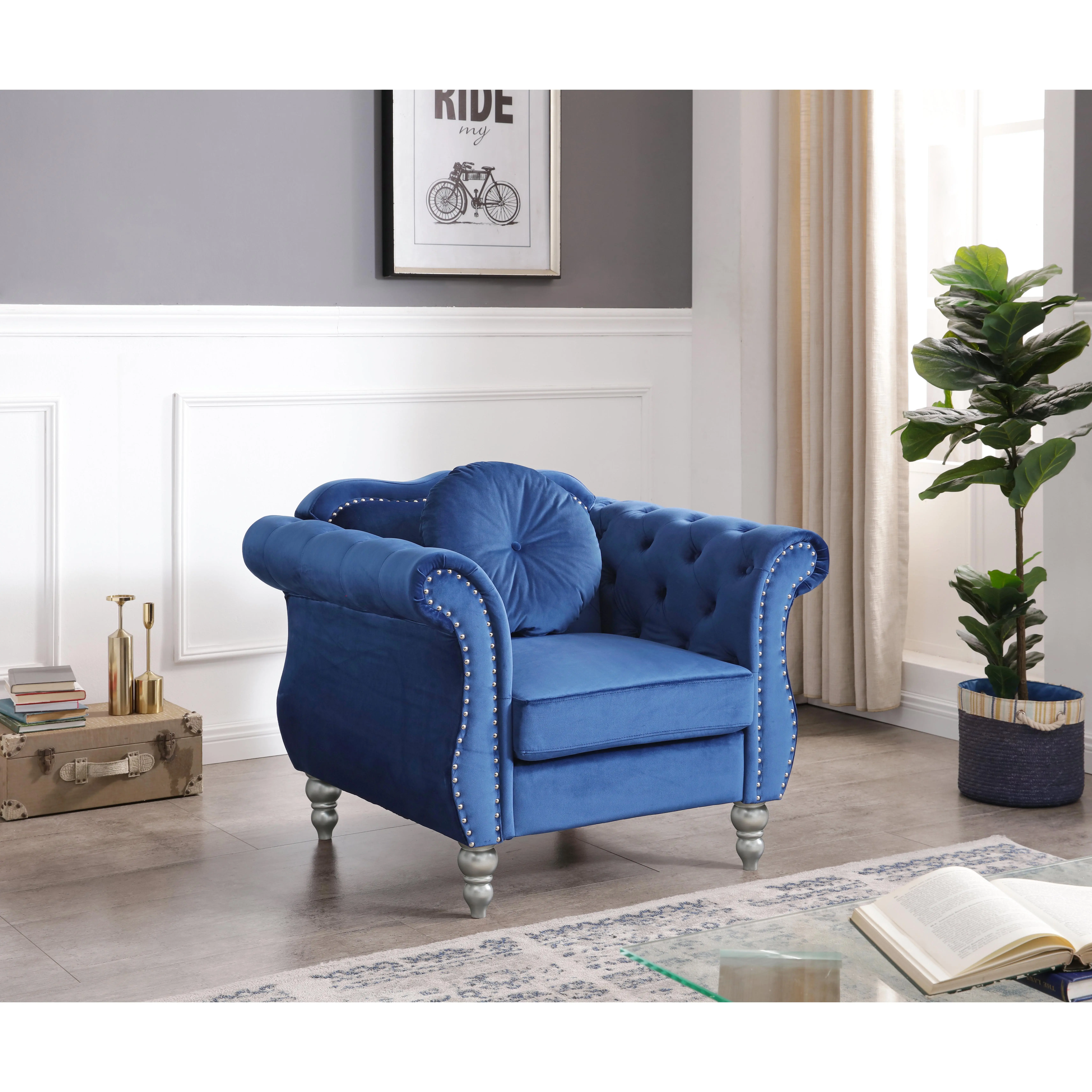 Nokaa Transitional Navy Blue Velvet Chair for Dining Room, Living Room, Home Office, Accent Seating, Upholstered Comfort, Flared Arms, 22-Inch Seat Depth, Single Chair, Indoor Use