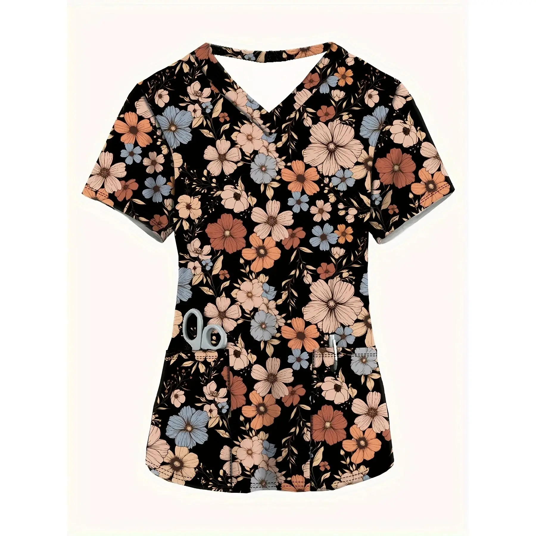 [Floral Print Nursing Blouse] Women's Casual V-Neck Short Sleeve Top - Black Small Floral Print, Breathable Machine-Washable, with Pockets, Spring/Summer Shirt for Nursing Uniforms & Casual Attire, Blouse for Nurse, Summer Blouse, Vneck Blouse