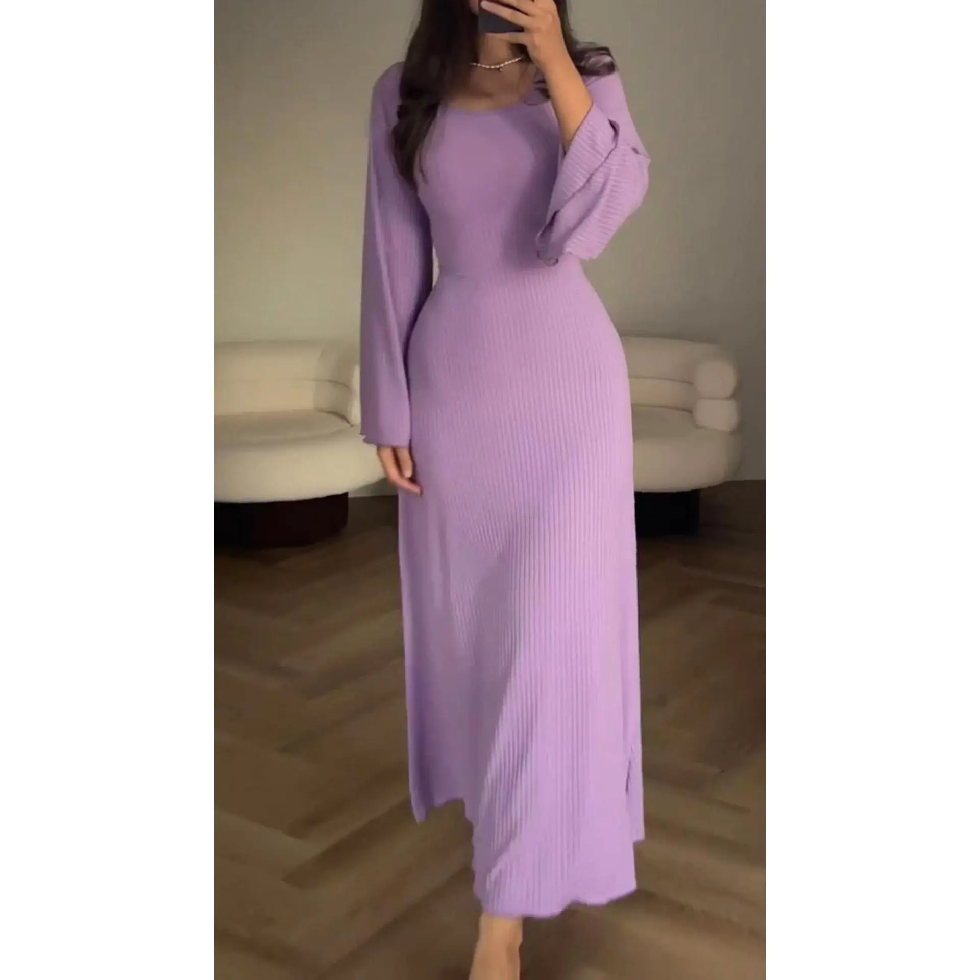 Women's Soft Lavender Minimalist Basic Long-Sleeve Split Dress - Polyester Blend, Loose Fit, Elegant Casual Professional Style for Spring & Autumn, Longsleeves