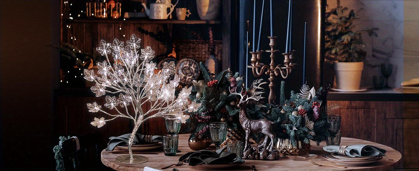 18" 48 LED Lighted Bonsai Tree Artificial Table Lamp With Cool White Acrylic Leaves And Adjustable Branches For Valentines Day Decor House Wedding Dinner Party DIY Gift