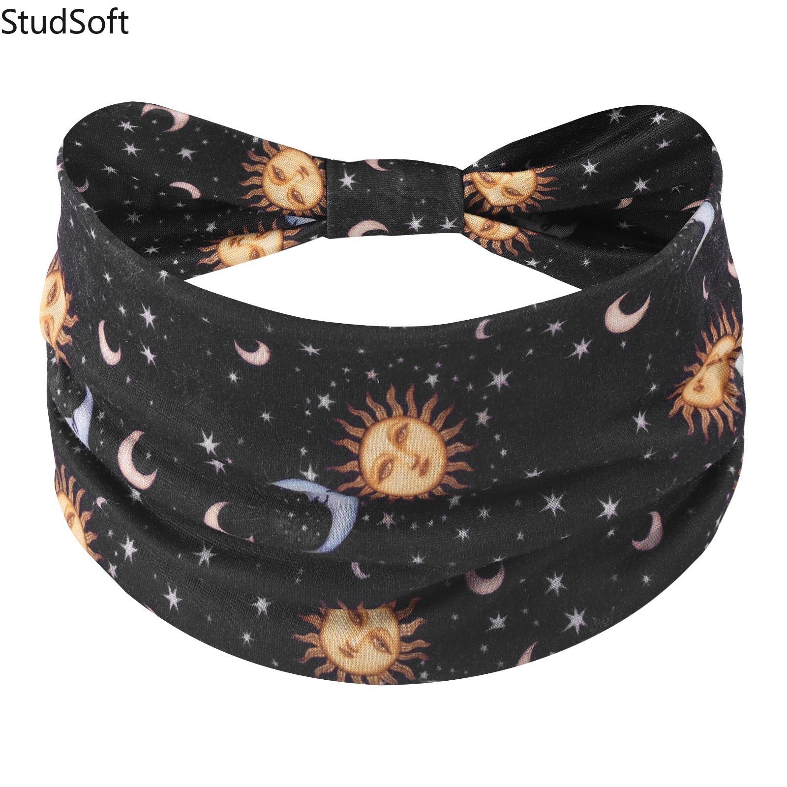 Star & Moon Print Wide Headbands for Women, Bohemian Fashion Hair Bands, Elastic Sweat Wicking Head Wraps for Yoga Running Workout Fitness, 4 Pack