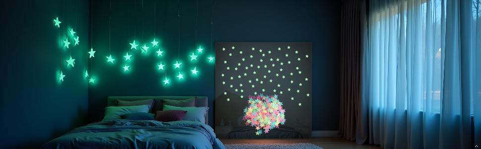 2Pcs Multicolor Glow in The Dark Luminous Stars Fluorescent Noctilucent Plastic Wall Stickers Murals Decals for Home Art Decor Bedroom Room Decorations,Decorative Goods Stickers,Wall Décor