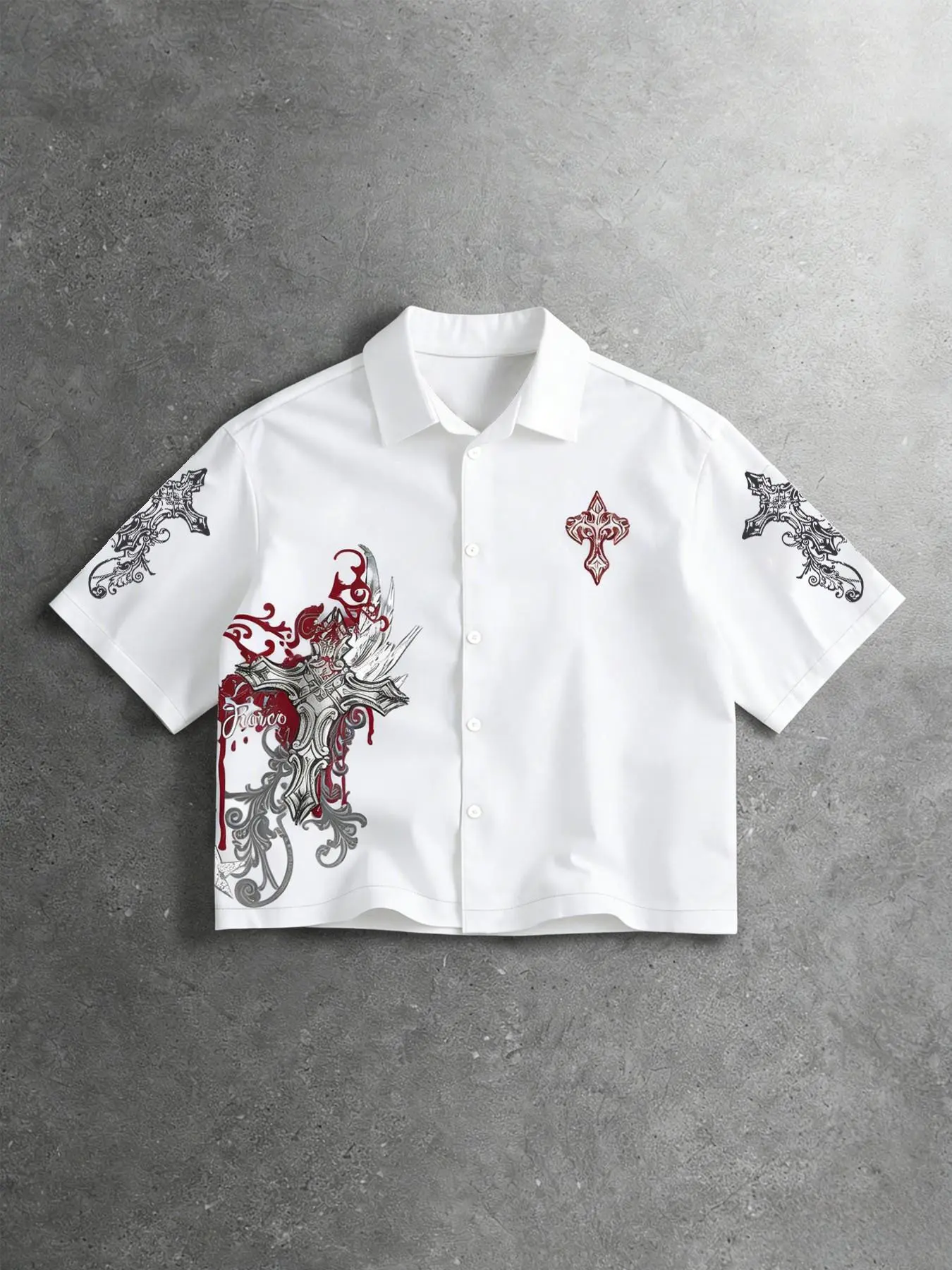 Unisex design, urban American retro style, ins-inspired fashion. Buttoned Fitted Cropped short casual shirt with Gothic-style cross Geometric pattern print. Perfect for summer daily wear and trendy fashion items, Menswear